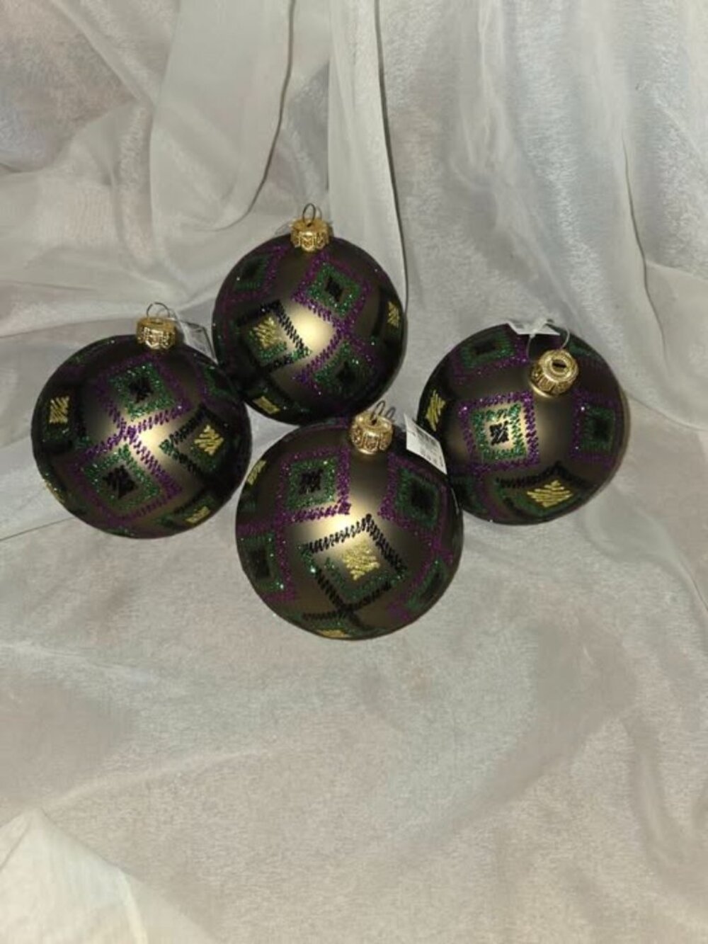 Lot of 4 Mardi Gras Diamond Pattern Ball Ornament Glass